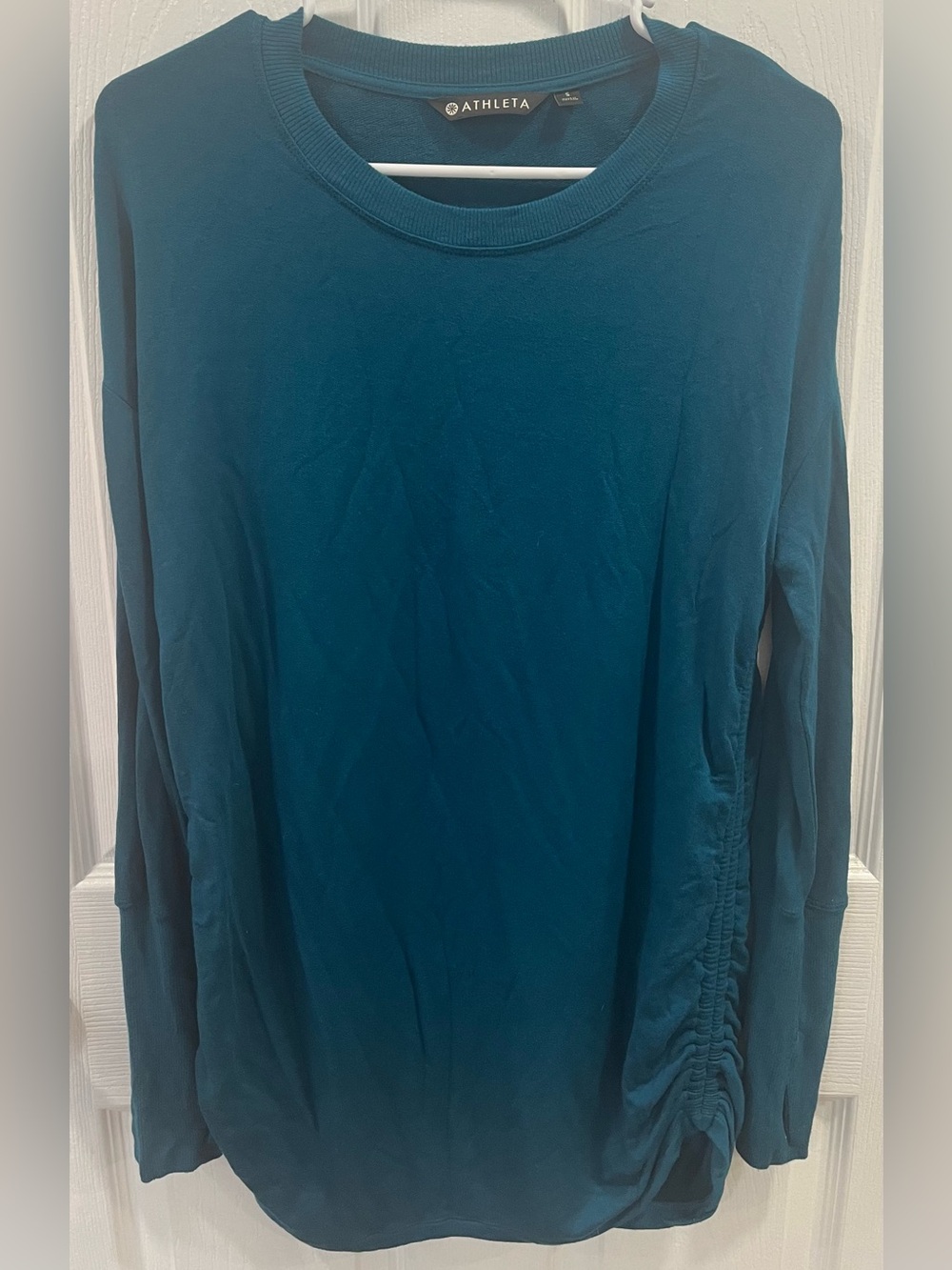Athleta Drishti Ruched Sweatshirt Women’s Small Teal Long Sleeve Yoga Gym Travel